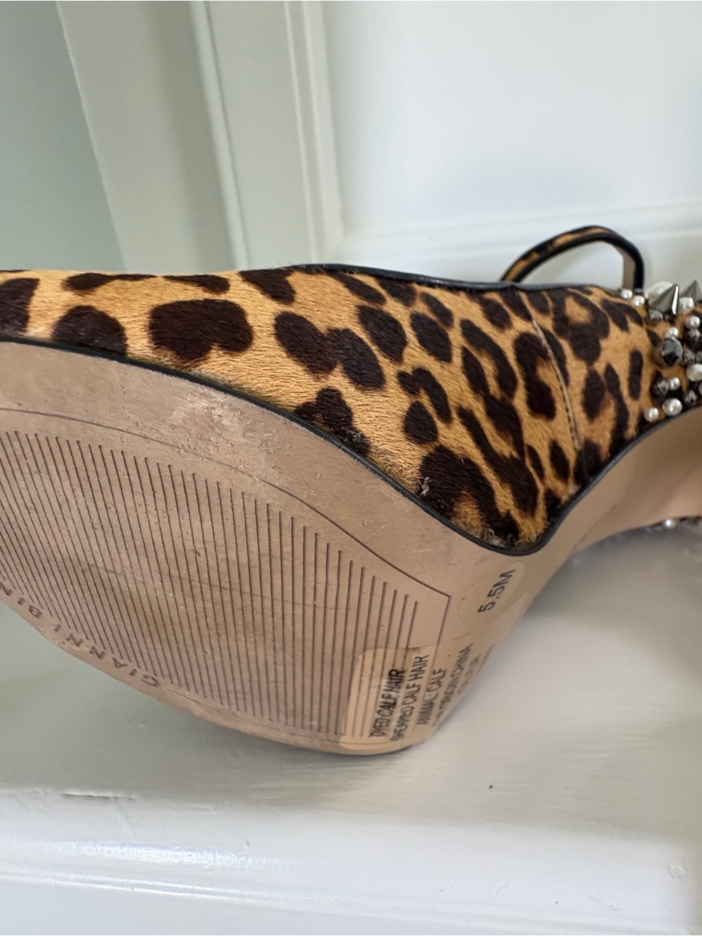 Gianni Bini Leopard Print Pearl-Embellished Ankle Strap Heels - Brown - Picture 4 of 5